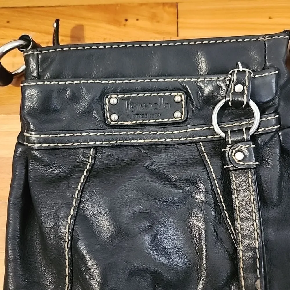 Tignanello black leather Crossbody purse W/accent stitching